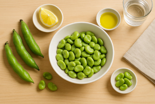 木のテーブルに並べたゆでたそら豆とサヤ、レモンやオリーブオイルの小皿を自然光で撮影した写真